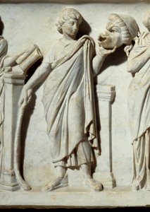 Múza držící masku komedie, detail sarkofágu múz: reprezentace múz umění a dopisů. Mramorová socha. 150 našeho letopočtu. Paříž, muzeum Louvre. od Roman