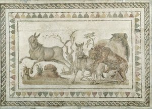 Tygr útočící na dva ongery, z domu Dionýsova průvodu, El-Jem (Thysdrus) (mozaika) od Roman