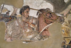 Alexandr Veliký (356 - 323 př. n. l.) na koni Bucephale. Mozaika z Faunova domu v Pompejích od Roman