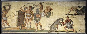 Bitva mezi gladiátory a divokými kočkami, 320 n. l. (mozaika) od Roman