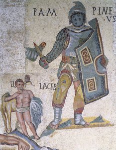 Bitva mezi gladiátory, detail gladiátora vyzbrojeného dýkou a štítem, 320 n. l. (mozaika) od Roman