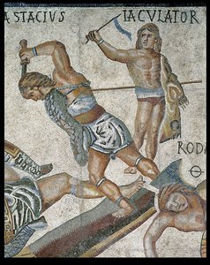 Bitva mezi gladiátory, detail boje gladiátora a vítězného gladiátora, 320 n. l. (mozaika) od Roman