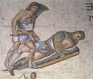 Bitva mezi gladiátory, detail gladiátora přišpendlujícího druhého k zemi, 320 n. l. (mozaika) od Roman