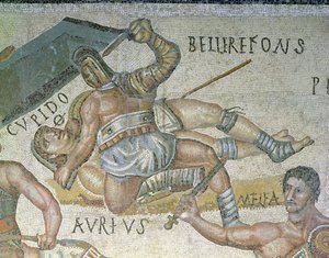 Bitva mezi gladiátory, detail gladiátora přišpendlujícího druhého k zemi, 320 n. l. (mozaika) od Roman