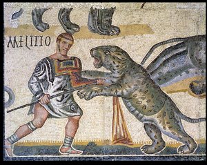 Bitva gladiátorů proti divokým kočkám, detail zobrazující gladiátora běžícího divokou kočkou, 320 n. l. (mozaika) od Roman