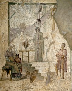 Cassandra prorokuje pád Tróje, její otec Priam sedí vlevo, její bratr Paris drží jablko Discordu a válečník se opírá o kopí (pravděpodobně Hector) - Fresco od Roman