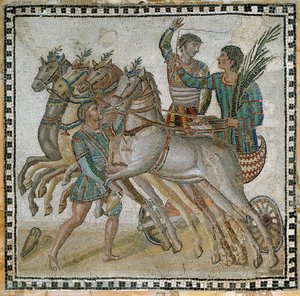 Závod na voze (quadriga) s vozataji ve výchozí pozici a čeledínem u bílého koně (v popředí) - Mozaika, 3. stol. od Roman