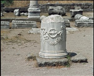 Sloup zdobený symbolem boha Asklepia. Svatyně Asclepios (283 až 133 př.nl) od Roman