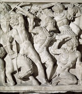 Detail sarkofágu s vyobrazením bitvy mezi Římany a galatským kamenem