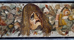 Feston s maskou, listy a ovocem. Detail. Mozaika z Casa del Fauno v Pompejích, 2. století před naším letopočtem. Rozměr: 280 x 49 cm. Museo Nazionale Archeologico, Neapol - římské umění: girlanda s tragickou maskou, listy a plody. Detail. Mozaika z Faunova od Roman