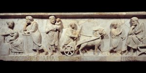 Fragment sarkofágu Marca Cornelia Statia Kolem roku 150 nl - Starověký Řím: Tvář římského sarkofágu. Scéna života dítěte rostoucího od narození po učení. Paříž, Musee du Louvre od Roman