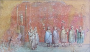 Freskový fragment kalendáře zobrazující děti v průvodu, možná oslavy narozenin císaře Severa a představující měsíc duben třetího století našeho letopočtu (freska) od Roman