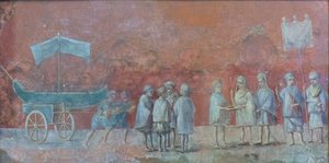 Freskový fragment kalendáře zobrazující plavbu Isidis, smírčí slavnost konaná na začátku plavby a představující měsíc březen, třetí století našeho letopočtu (freska) od Roman