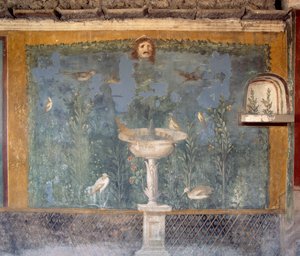 Freska s fontánou, maskou a ptáky, Dům Venuše v Shell, Pompeje (Seznam světového dědictví UNESCO od Roman