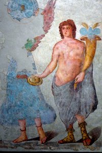Džin drží roh hojnosti. Konec 2. a začátek 3. století (freska) od Roman