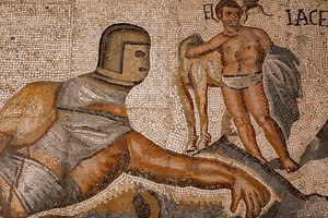 Gladiátorské bitvy. 320-330, mozaika od Roman