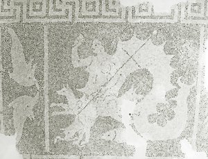 Helénistický oblázek Mozaika Scylly a Charybdy střežících úžinu, detail Scylly. Dům Dionysos, Paphos, Kypr mozaika od Roman