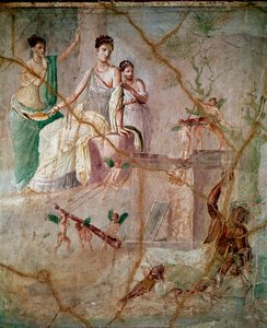 Heracles a Omphale (hercules and Omphale) Římská freska 3. pompejského stylu z Pompejí (Freska z Pompejí) 40-60 n. l. Rozměr 88x103 cm Konzervováno v Národním archeologickém muzeu v Neapoli Itálie od Roman