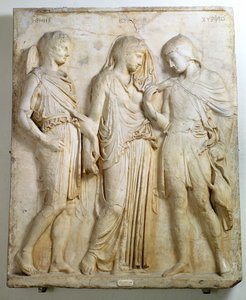 Hermes, Orfeus a Eurydika, reliéf, římská kopie řeckého originálu z 5. století př. n. l. (mramor)