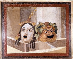 Maska římského divadla. Mozaika z 2. století našeho letopočtu. Z Deciových lázní na Aventinu v Římě. Musei capitolini, Řím od Roman