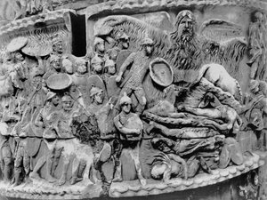 Zázračný déšť, detail ze sloupu Marca Aurelia, AD 180-196 (mramor) (černobílá fotografie) od Roman