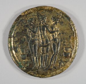 Zrcadlo s vyobrazením Tří Grácií, 2. století (stříbro, zlacený bronz) od Roman
