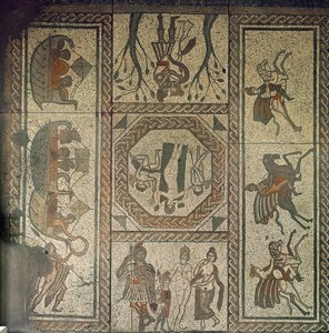 Mozaiková dlažba z římské vily v Low Hamu, ilustrující příběh Dido a Aenea z Vergiliovy Aeneidy, kolem roku 350 našeho letopočtu (mozaika) od Roman
