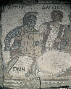 Obraz dvou gladiátorů na mozaikové stěně, Kourion, Limassol, Kypr od Roman