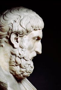 Portrét Epikura (341-verš 270 př. n. l.), řecký filozof - Busta v mramoru - Řím, Musei Capitolini - Busta Epikurova (341-270 př. n. l.), profil - Mramorová socha - Řím, Musei Capitolini od Roman