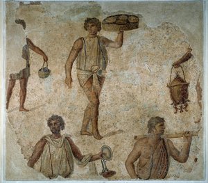 Přípravy na dyonisiakální hostinu: otrok podávající mozaikové jídlo z Kartága. 2. století ap. JC. Paříž, muzeum Louvre od Roman