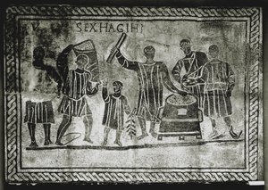 ŘÍMSKÉ UMĚNÍ: Měření zrna (kukuřice). Dávka obilí, kterou Gaius Gracchus ..., 2. století n. l. (mozaika) od Roman