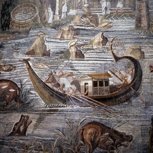 Říční plavidlo z 1. století před naším letopočtem. Detail mozaiky Palestrine. Kormidlo je v zádi a dvojité. Tato mozaika pochází z Chrámu štěstí a nyní je uložena v paláci Barberini. od Roman