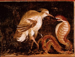 Římské umění: “” Boj mezi volavou a kobrou”” Římská freska z domu Epigramů, Pompeje, Itálie (Boj mezi volavou a kobrou, freska z casa degli Epigrammi, Pompeje) 60-80 n.l. od Roman