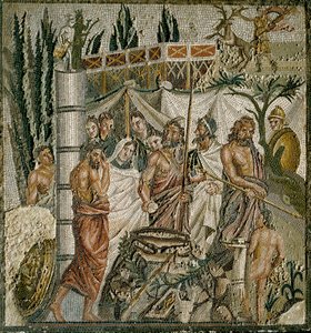 Římské umění: „Oběť Ifigenie“ Král Agamemnon obětuje svou dceru, aby utišil hněv Artemidy (Diany). Mozaika 1. století před naším letopočtem. Museo di Ampurias (Empurias), Španělsko od Roman