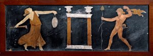 Římské umění: „“ Tanec menády a satyry u malého chrámu“““ Intarzie z Pompejí. Ztlumit. 23x67 cm Museo Archeologico Nazionale, Neapol od Roman