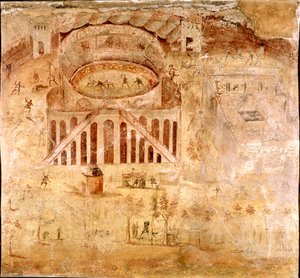 Římské umění: „“ Násilný boj mezi obyvateli Nocera a Pompejci v amfiteátru Pompeje v roce 59 nl““ Detail fresky. 1. století našeho letopočtu. Z webu Pompeje. Neapol, Museo Archeologico Nazionale od Roman