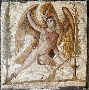 Římské umění: „“Ganymeda odnáší orel“““ Mozaika z vily rodiny císaře Septia Severea. Konec 2. století po JC. Řím, Museo Nazionale Romano od Roman