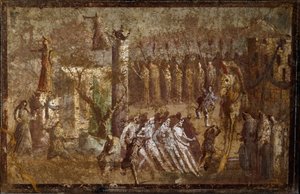 Římské umění: „Tabula Iliaca““ vstup trojského koně. Trojané přitáhnou koně ke hradbám, zatímco se jim Cassandre snaží vzdorovat. Freska z Pompejí. Neapol, Museo Archeologico Nazionale od Roman