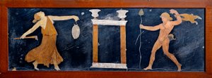 Římské umění: hrozba a satyr tančící poblíž chrámu. Freska z Casa dei Capitelli dorati v Pompejích. 1. století našeho letopočtu. Neapol, Archeologické muzeum od Roman