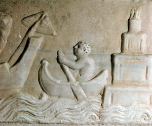 Římské umění: „“ námořník, který vede loď v přístavu Ostia (Ostia), je vidět maják města““ Detail reliéfu z 1. století našeho letopočtu. Ostia, Museo Ostiense od Roman