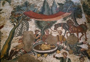 Římské umění: detail mozaiky „“Malá lovecká část““ Lovci odpočívají a obědvají v lese. 315-350 našeho letopočtu. Piazza Armerina, Villa Romana del Casale od Roman