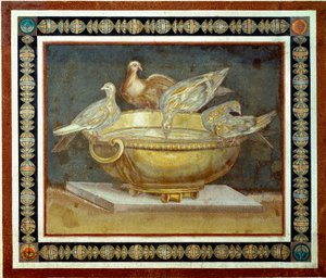 Římské umění: čtyři holubice pijící fontánu. Mozaika pocházející z Villa Adriana (Villa d