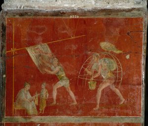 Římské umění: „fullonica“““ nebo běhoun“ scéna představující čištění oděvů. Freska z vily Fullonica stephani (La fullonica de Stephanus) v Pompejích, která sloužila jako prádelna a barvírna. Malba z 1. století našeho letopočtu. Neapol, Museo od Roman