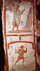Římské umění: zázrak zdroje a zázrak války ochrnutých. Fresky. Konec 3. století po JC. Řím, katakomby San Marcellino a Pietro (Peter a Marcellin) - římské umění. Zázrak zdroje a zotavení paralytika. Fr od Roman