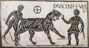 Římské umění: „“dvě ženy krotí tygra“““ Mozaika z Castra pretoria v Římě. 1. století našeho letopočtu. Řím, Museo Nazionale Romano od Roman