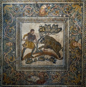Římské umění: „“ lov divočáků“““ Mozaika ze 4. století našeho letopočtu z římské vily Las Tiendas. Merida, Museo Nacional de Arte Romano, Španělsko od Roman