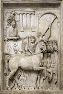 Římský císař Marcus Aurelius na svém triumfálním vozíku, 2. století (mramorový reliéf) od Roman