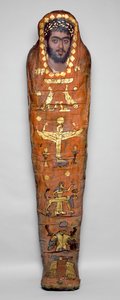 Mumie mladého muže s enkaustickým portrétem z El-Hibehu (lidské ostatky zabalené v plátně s malovanou dřevěnou deskou) od Roman Period Egyptian