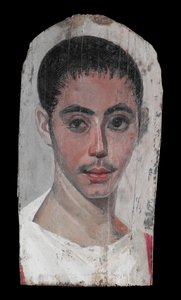 Portrét mladíka s chirurgickým řezem v jednom oku, 190-210 nl (enkaustická barva na lipovém dřevě) od Roman Period Egyptian