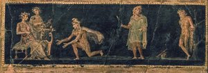 Hudební soutěž mezi Apollónem a Marsyasem, 1. století před naším letopočtem. INZERÁT. od Roman Pompeian wall painting.